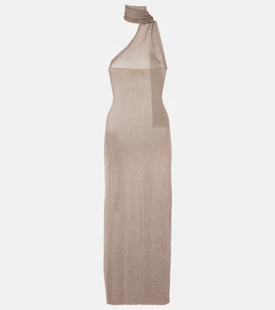 Aya Muse Scarf-detail Lamé Maxi Dress In Beige