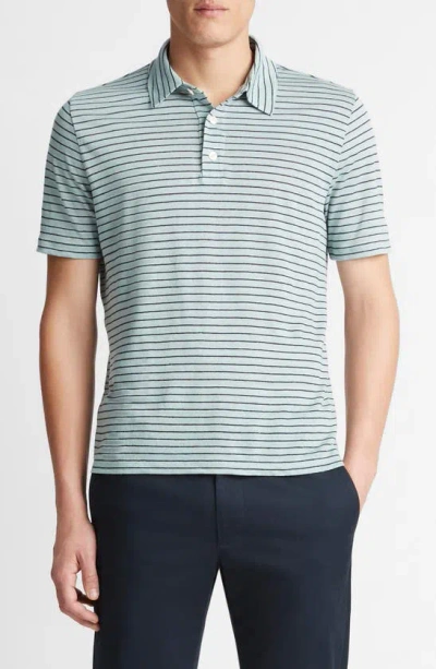 Vince Linen Stripe Regular Fit Polo Shirt In Ceramic Blue