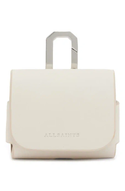 Allsaints Logo-debossed Leather Airpod Case In Desert White