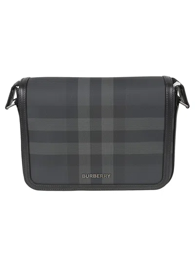 Burberry Check Logo Messenger Bag In Charcoal
