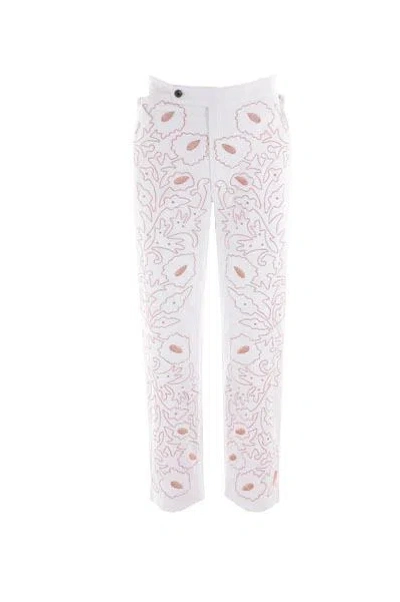 Bode White Embroidered Trousers In Red+white