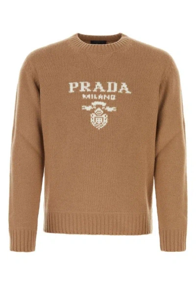 Prada Crew Neck Wool Blend Sweater In Brown