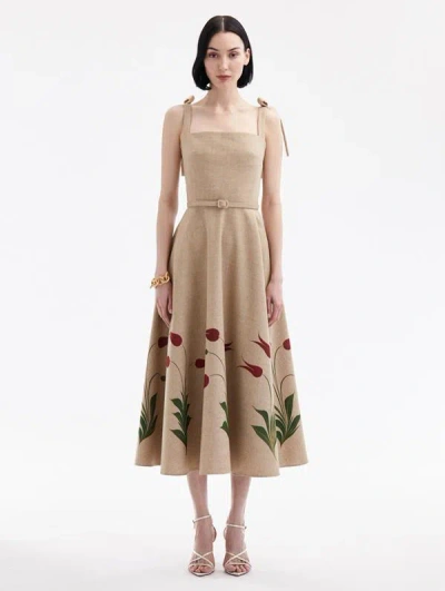 Oscar De La Renta Tulip-printed Canvas Midi Dress In Tan