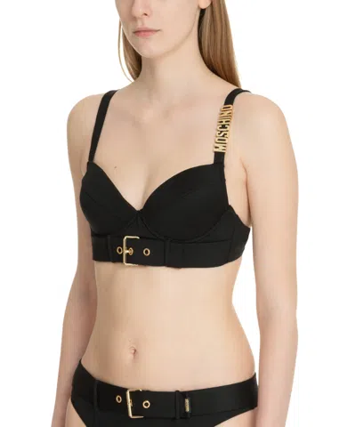 Moschino Logo Plaque Belted Underwired Bikini Top In Black