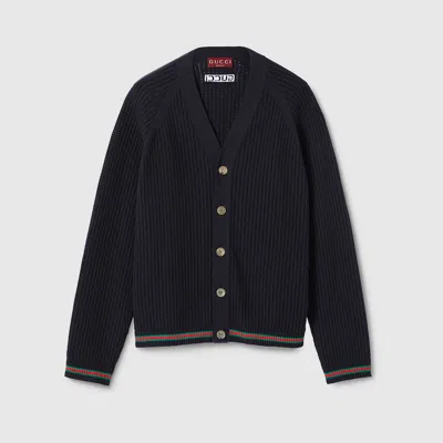 Gucci Ajour Cotton Knit Cardigan With Web In Black