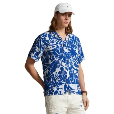 Polo Ralph Lauren Convertible-collar Printed Satin Shirt In Blue