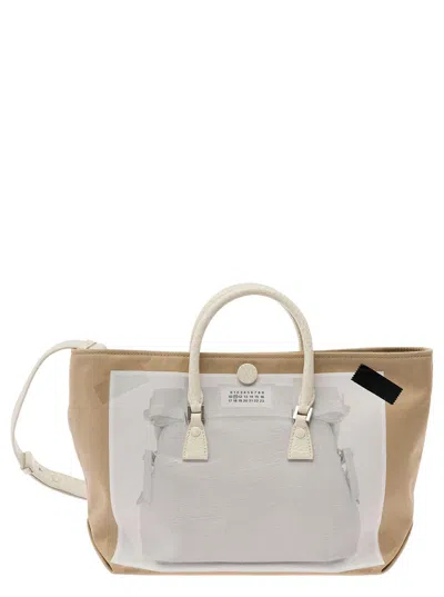 Maison Margiela 'micro Trompe L'oeil 5ac' Beige And White Tote Bag With Logo Patch In Cotton Blend Woman