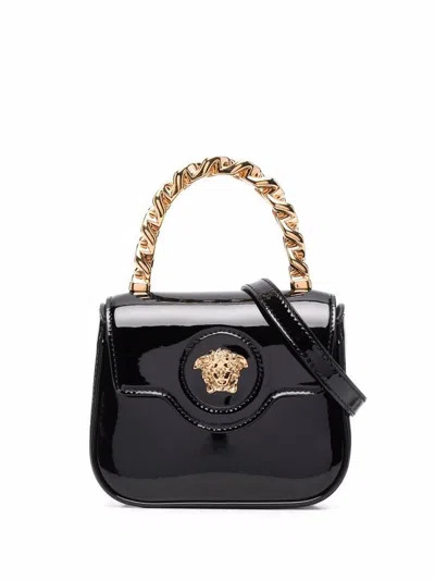 Versace La Medusa Mini Bag In Patent Leather In Nero E Oro