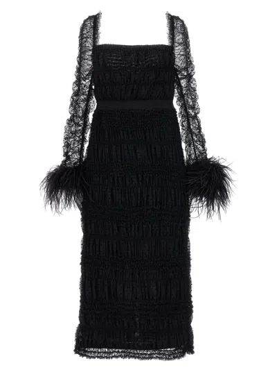 Self-portrait Black Dot Mesh Feather Midi Dresses Black