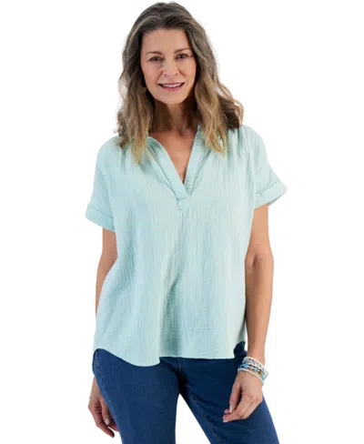 Style & Co Petite Cotton Short-sleeve Camp Shirt, Created For Macy's In Art Deco Green