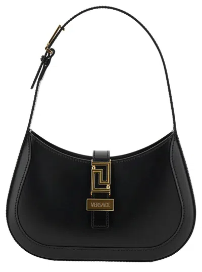 Versace 'greca Goddess' Small Black Hobo Bag With Logo Detail In Leather Woman