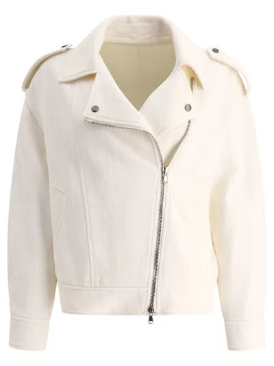 Brunello Cucinelli Chevron Biker Jacket With Shiny Details In White