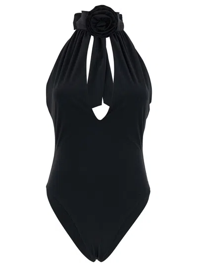 Magda Butrym Black One-piece Swimsuit With Rose Application In Polyamide Woman