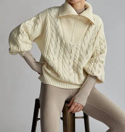 Varley Daria Half Zip Cable Knit Sweater In Winter White In Yellow