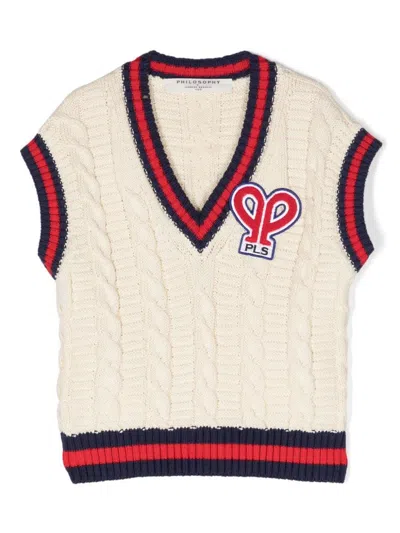 Philosophy Di Lorenzo Serafini Kids' Logo-patch Cable-knit Vest In Cream