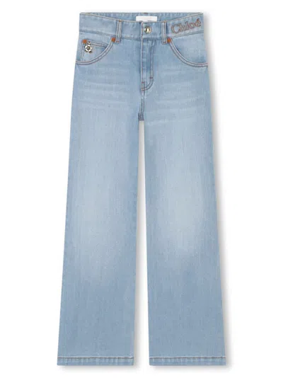 Chloé Kids' Embroidered Straight-leg Jeans In Blue