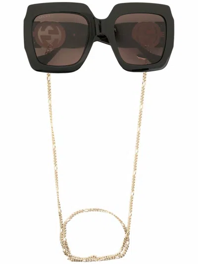 Gucci Black Square Frame Chain Sunglasses In Brown