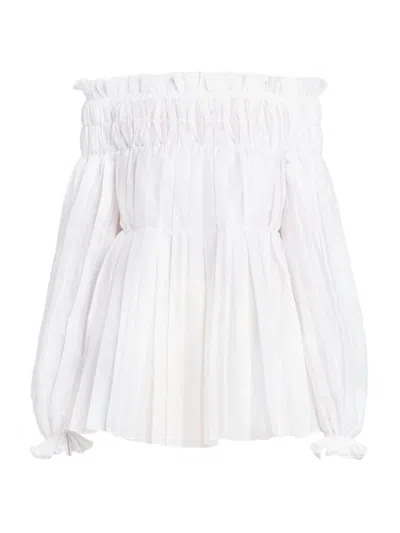Alberta Ferretti Pleated Off-the-shoulder Long-sleeve Blouse In White