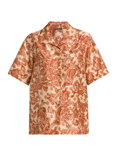 Loro Piana Isoble Woodblock Botanic-print Silk Short-sleeve Shirt In Floating Torii