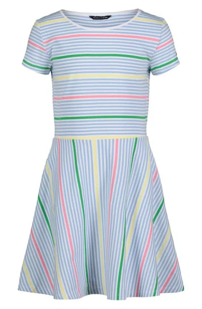 Tommy Hilfiger Kids' Big Girls Striped Jersey Short Sleeve Skater Dress In Placid Blue