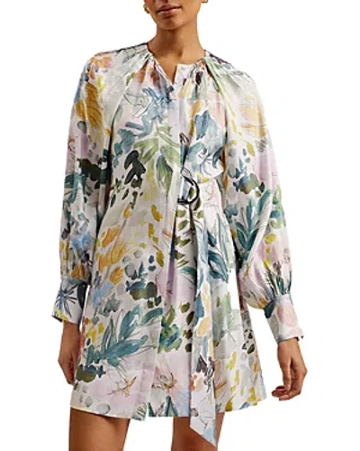 Ted Baker Amasya Floral Long Sleeve Faux Wrap Minidress In Ivory