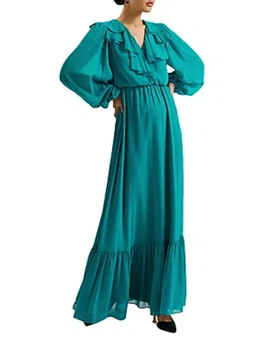 Ted Baker Womens Green Keina Ruffle-neck Long-sleeve Woven Maxi Dress