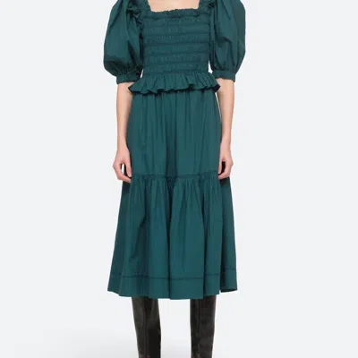Sea Sibylle Puff Sleeve Smocked Dress In Forest In Green