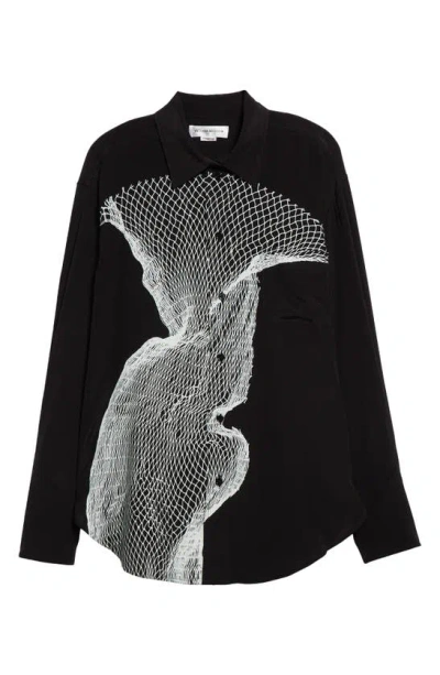 Victoria Beckham Net-print Silk Pajama Shirt In Contorted Net - Black/ White