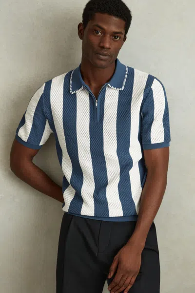 Reiss Paros Textured Stripe Regular Fit Half Zip Polo Shirt In Airforce Blue/ecru