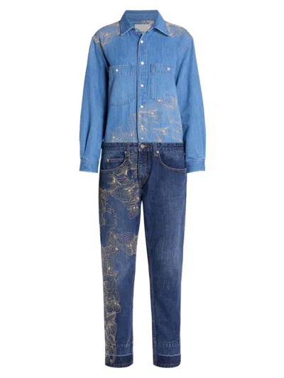Isabel Marant Imane Embroidered Two-tone Long Sleeve Denim Jumpsuit In Blue