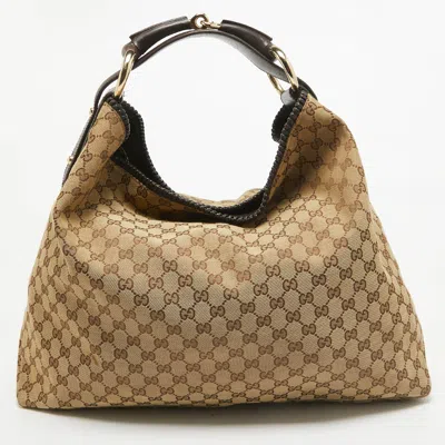 Pre-owned Gucci Beige/brown Gg Canvas And Leather Large Horsebit Hobo