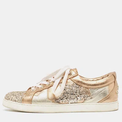 Pre-owned Jimmy Choo Metallic Leather And Glitter Low Top Trainers Size 39