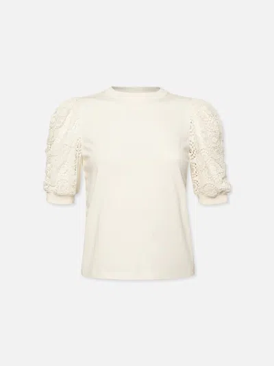 Frame Lace Sleeve Frankie T-shirt Cream Cotton In Neutral