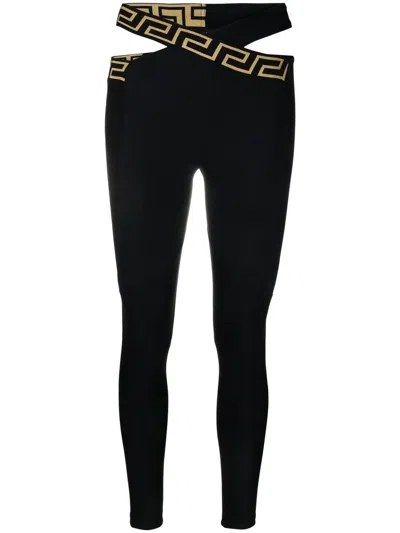 Versace Greca Crossover Waistband Leggings In Black