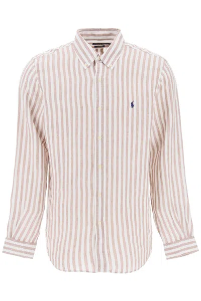 Polo Ralph Lauren Custom Fit Striped Linen Shirt Man Shirt Light Brown Size L Linen In Kaki/white