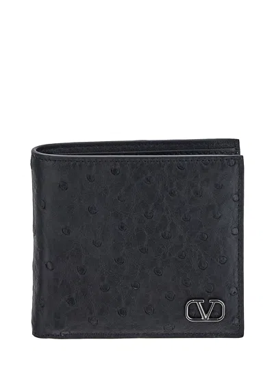 Valentino Garavani Ostrich-effect Leather Wallet In Black