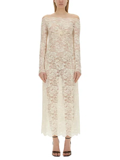Paco Rabanne Bardot Collar Long Lace Dress In Ivory