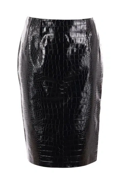 Versace Croco-effect Leather Pencil Skirt In Black