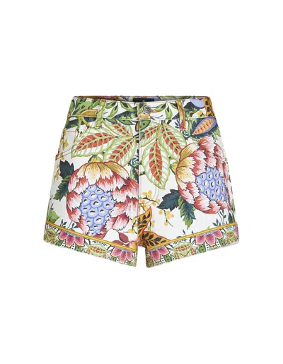 Etro Bouquet-print Denim Shorts In 绿色