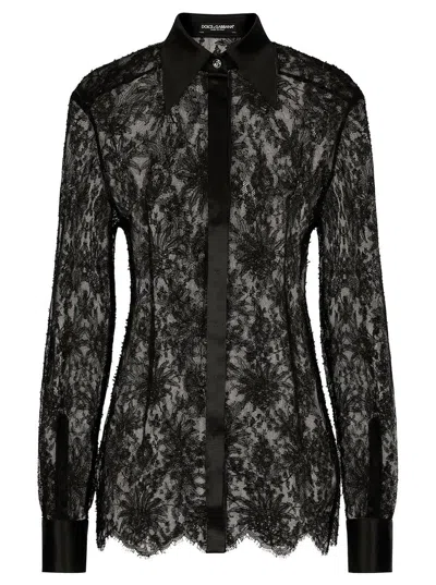 Dolce & Gabbana Black Slim Shirt With Satin Details In Chantilly Lace Woman