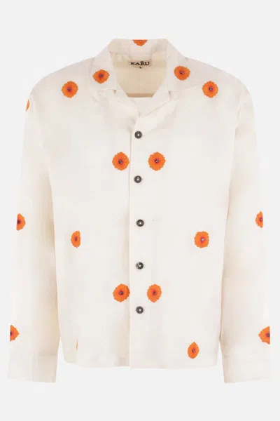 Karu Research Camp-collar Embellished Embroidered Cotton Shirt In White