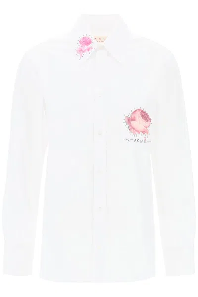 Marni Camicia Con Patch Stampa Fiori E Logo Ricamato In White