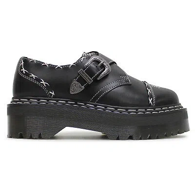 Pre-owned Dr. Martens' Dr. Martens Unisex Shoes Monk Quad Ga Casual Buckle Platform Wanama Leather In Black
