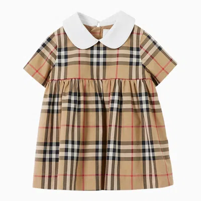 Burberry Childrens Check Stretch Cotton Dress With Bloomers In Beige