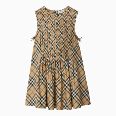Burberry Kids' Girls Beige Pleated Check Dress In Brown