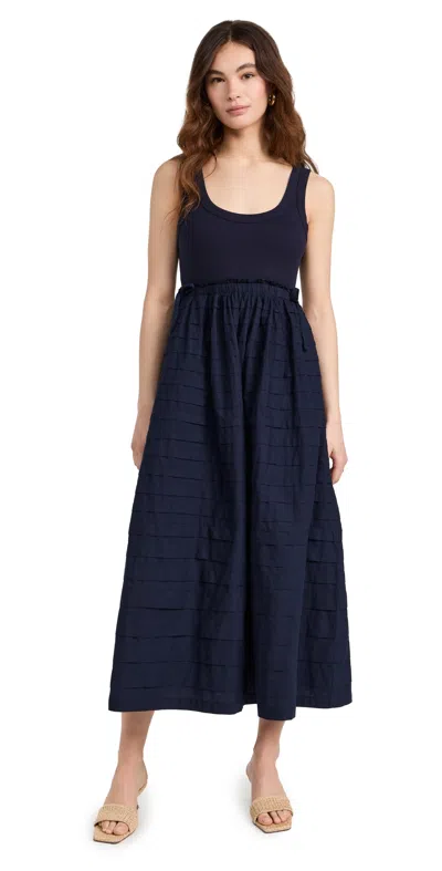 Cinq À Sept Akira Sleeveless Scoop-neck Pintuck Combo Midi Dress In Navy