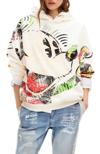 Desigual Oversize Mickey Mouse Hoodie In White