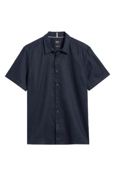 Hugo Boss Liam Slim Fit Solid Short Sleeve Linen Blend Button-up Shirt In Dark Blue