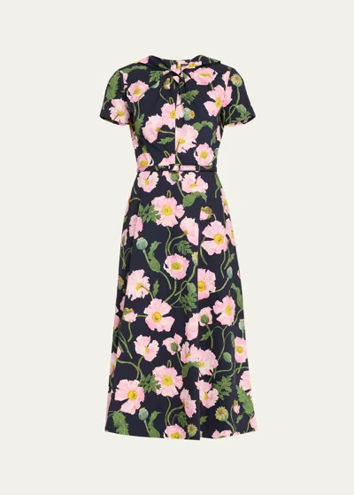 Oscar De La Renta Painted Poppies Short Sleeve Belted Dress In Pink/navy