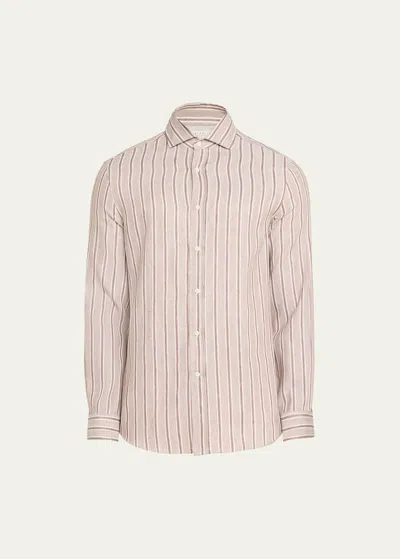 Brunello Cucinelli Men's Linen-cotton Stripe Casual Button-down Shirt In C027 Brown